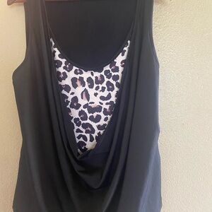 Black and White Asymmetrical Sleeveless Tank Top with leopard accent print 2xl